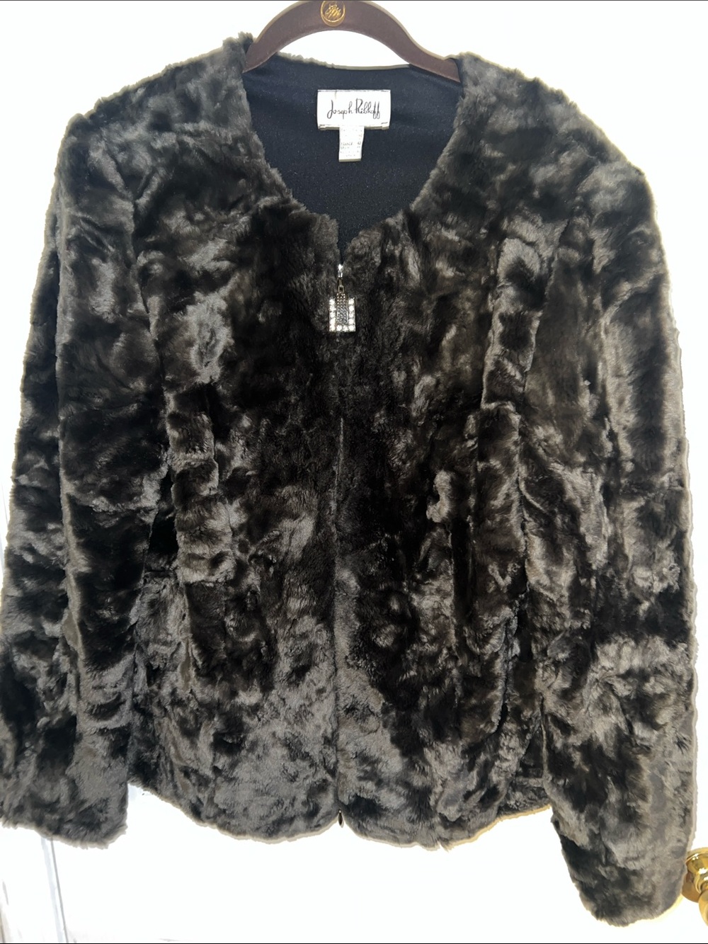 Joseph Ribkoff Plush Black/Gray Faux-Fur Zip Front Jacket 12